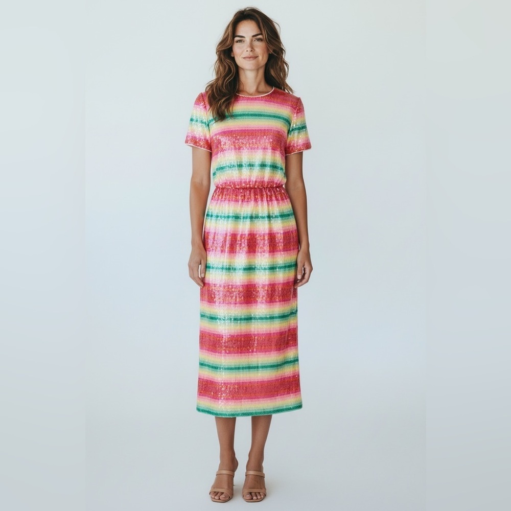 J.Crew AK667 Watermelon Stripe Sequin Midi Dress Rainbow Pink Green Size 2